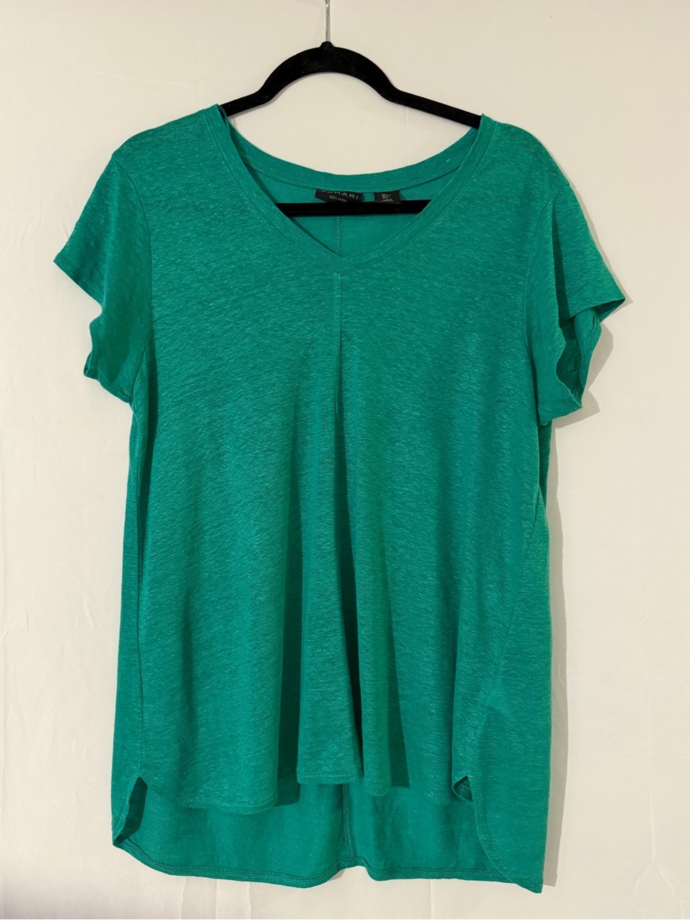 Tahari Lightweight Linen Emerald Green Teal V-Neck Short Sleeve Top